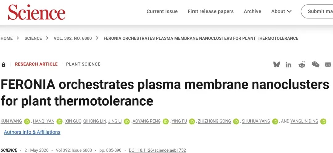 中国农业大学再发Science：在纳米尺度上，将细胞膜的生物物理特性与植物的生存适应性直接联系起来